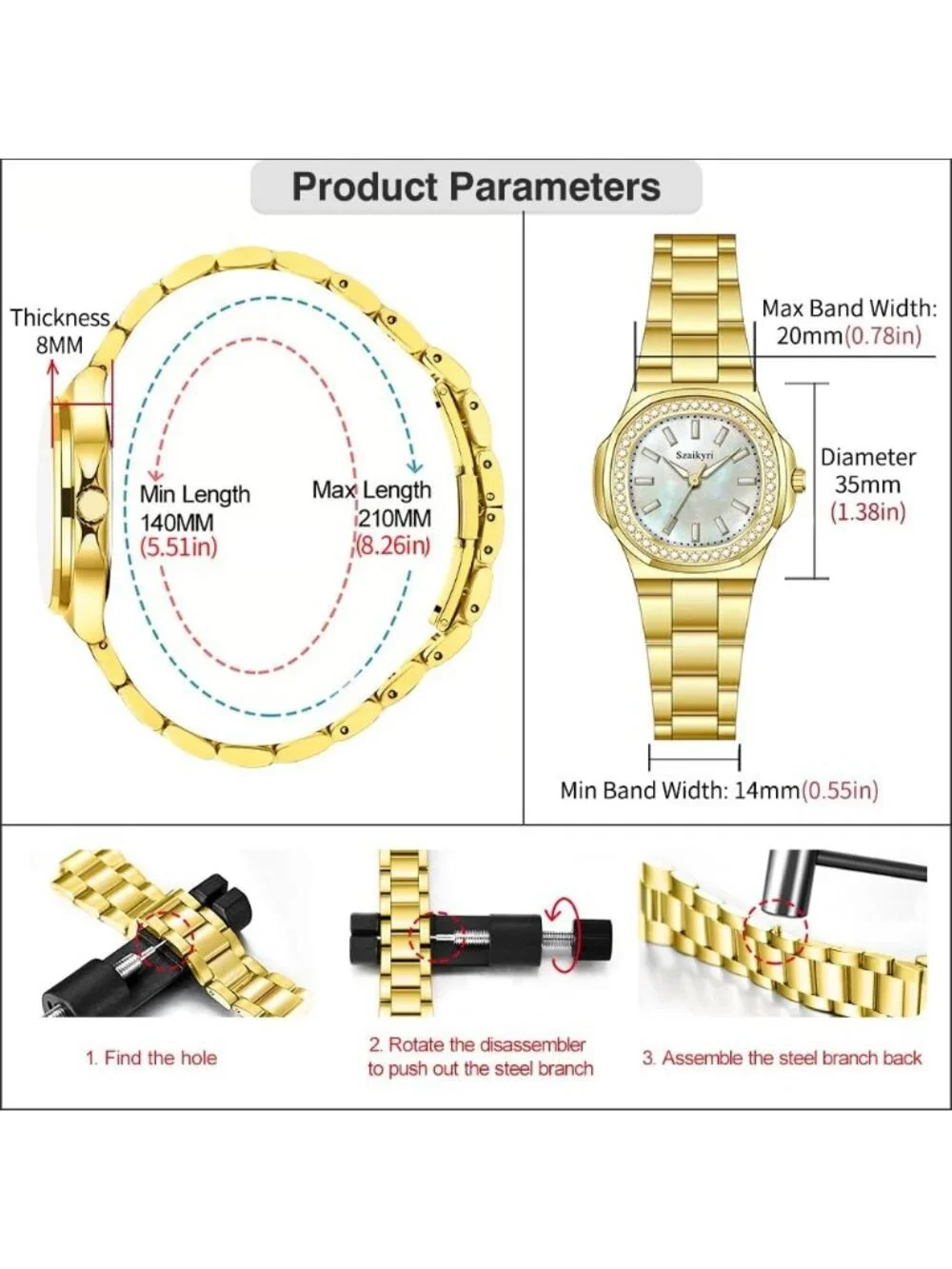 Women's Gold White Crystal Accented Solid Stainless Steel Band Dress Wrist Watch